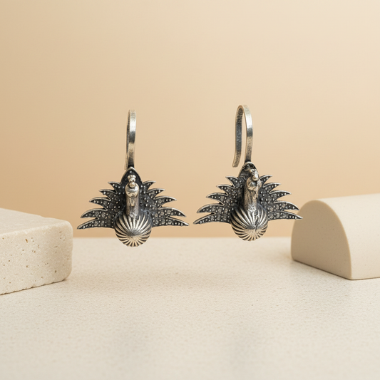 Naari Jewels Oxidized German Silver Peacock Bugadi Earrings for Women | Traditional Ear Cuff Style | Antique Brass Jewellery