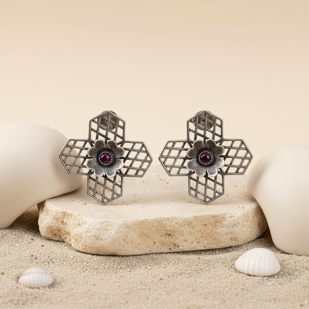 Naari Jewels Oxidized German Silver Vintage Bloom Grid Design Stud Brass Earrings | Ethnic Statement Jewelry for Women