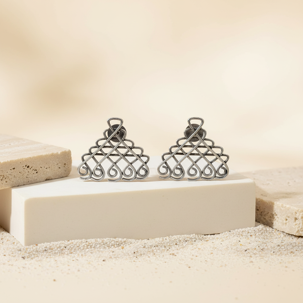 Naari Jewels Oxidized German Silver Geometric Filigree Stud Brass Earrings | Ethnic Statement Jewelry for Women