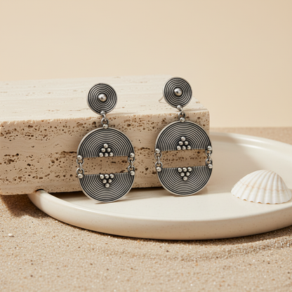 Naari Jewels Oxidized Germen Silver Geometric Drop Brass Earrings for Women | Circular Tribal Statement Dangle Earrings | Ethnic Boho Jewelry