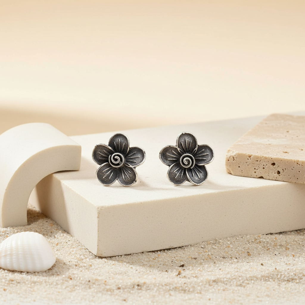 Naari Jewels Oxidized German Silver Rustic Flower Stud Brass Earrings | Ethnic Statement Jewelry for Women