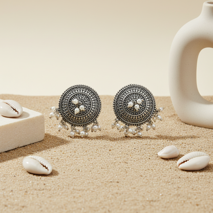 Naari Jewels Oxidized German Silver Chandrika Pearl Halo Stud Brass Earrings | Ethnic Statement Jewelry for Women