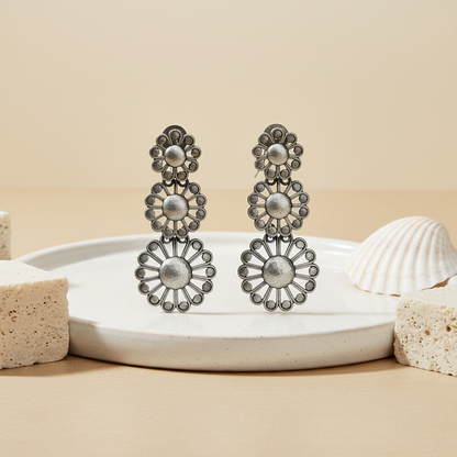 Naari Jewels Oxidised German Silver Triple Layer Floral Dangler Brass Earrings for Women