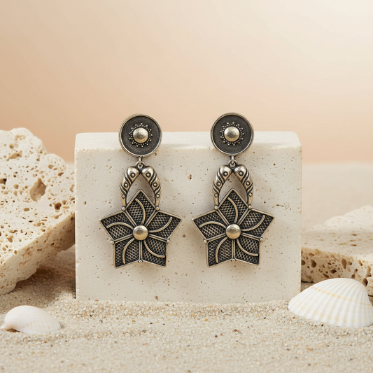 Naari Jewels Oxidised Brass & German Silver Star Flower Earrings for Women | Antique Silver Floral Statement Drop Earrings | Ethnic Boho Jewellery