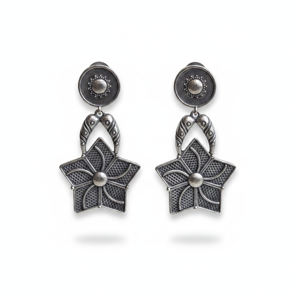 Naari Jewels Oxidised Brass & German Silver Star Flower Earrings for Women | Antique Silver Floral Statement Drop Earrings | Ethnic Boho Jewellery