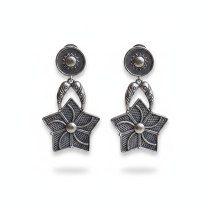 Naari Jewels Oxidised Brass & German Silver Star Flower Earrings for Women | Antique Silver Floral Statement Drop Earrings | Ethnic Boho Jewellery