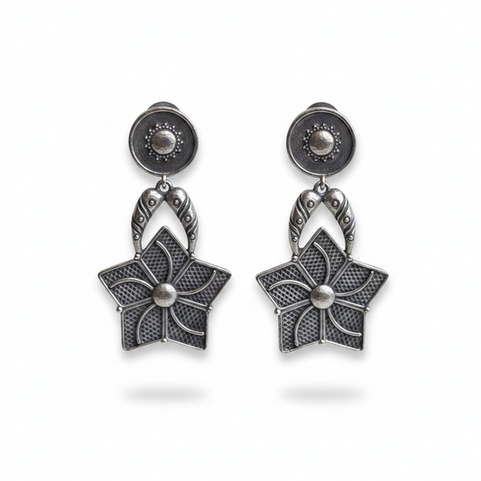 Naari Jewels Oxidised Brass & German Silver Star Flower Earrings for Women | Antique Silver Floral Statement Drop Earrings | Ethnic Boho Jewellery