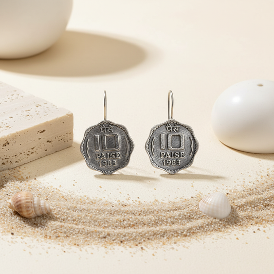 Naari Jewels 10 Paise 1983 Vintage Coin Inspired Oxidised German Silver Brass Earrings for Women