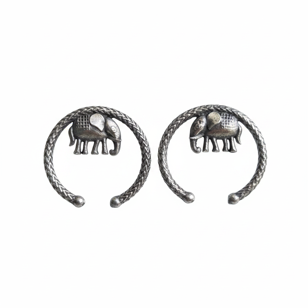 Naari Jewels Elephant German Silver Brass Earrings for Women | Oxidised Tribal Hoop Stud Earrings