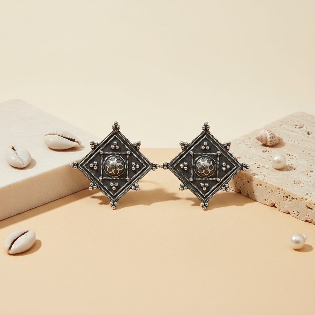 Naari Jewels Heritage Square German Silver Brass Earrings | Oxidised Traditional Studs for Women