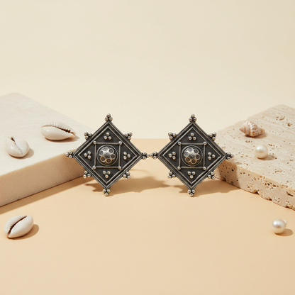 Naari Jewels Heritage Square German Silver Brass Earrings | Oxidised Traditional Studs for Women