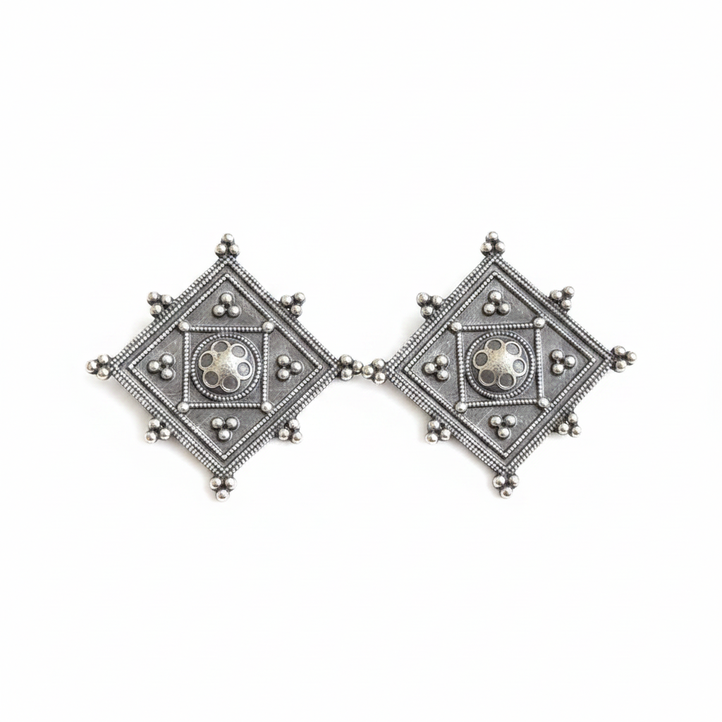 Naari Jewels Heritage Square German Silver Brass Earrings | Oxidised Traditional Studs for Women