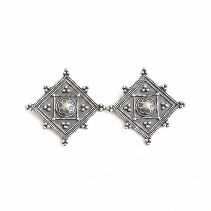 Naari Jewels Heritage Square German Silver Brass Earrings | Oxidised Traditional Studs for Women