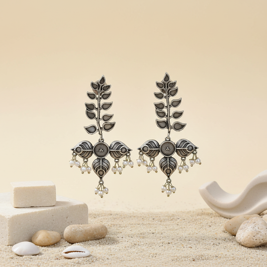 Naari Jewels Vanika Leaf Vine Oxidised German Silver Brass Earrings with Pearl Drops | Ethnic Earrings for Women