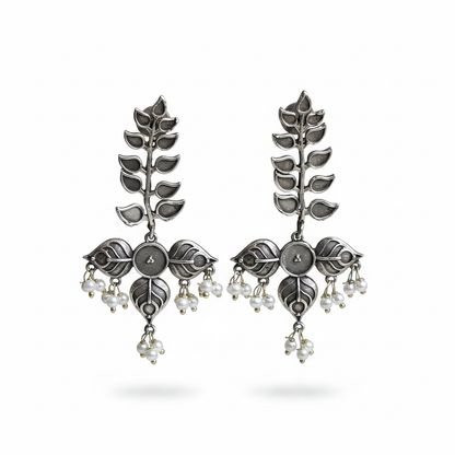 Naari Jewels Vanika Leaf Vine Oxidised German Silver Brass Earrings with Pearl Drops | Ethnic Earrings for Women
