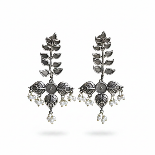 Naari Jewels Vanika Leaf Vine Oxidised German Silver Brass Earrings with Pearl Drops | Ethnic Earrings for Women