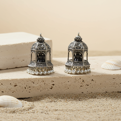 Naari Jewels Antique Temple Jhumka Earrings with Pearl Drops | Oxidised German Silver Brass Earrings for Women