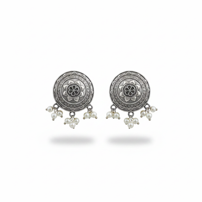 Naari Jewels Oxidized Floral Medallion Pearl Drop Stud Brass Earrings | German Silver Handcrafted Boho Ethnic Jewelry