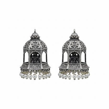 Naari Jewels Antique Temple Jhumka Earrings with Pearl Drops | Oxidised German Silver Brass Earrings for Women
