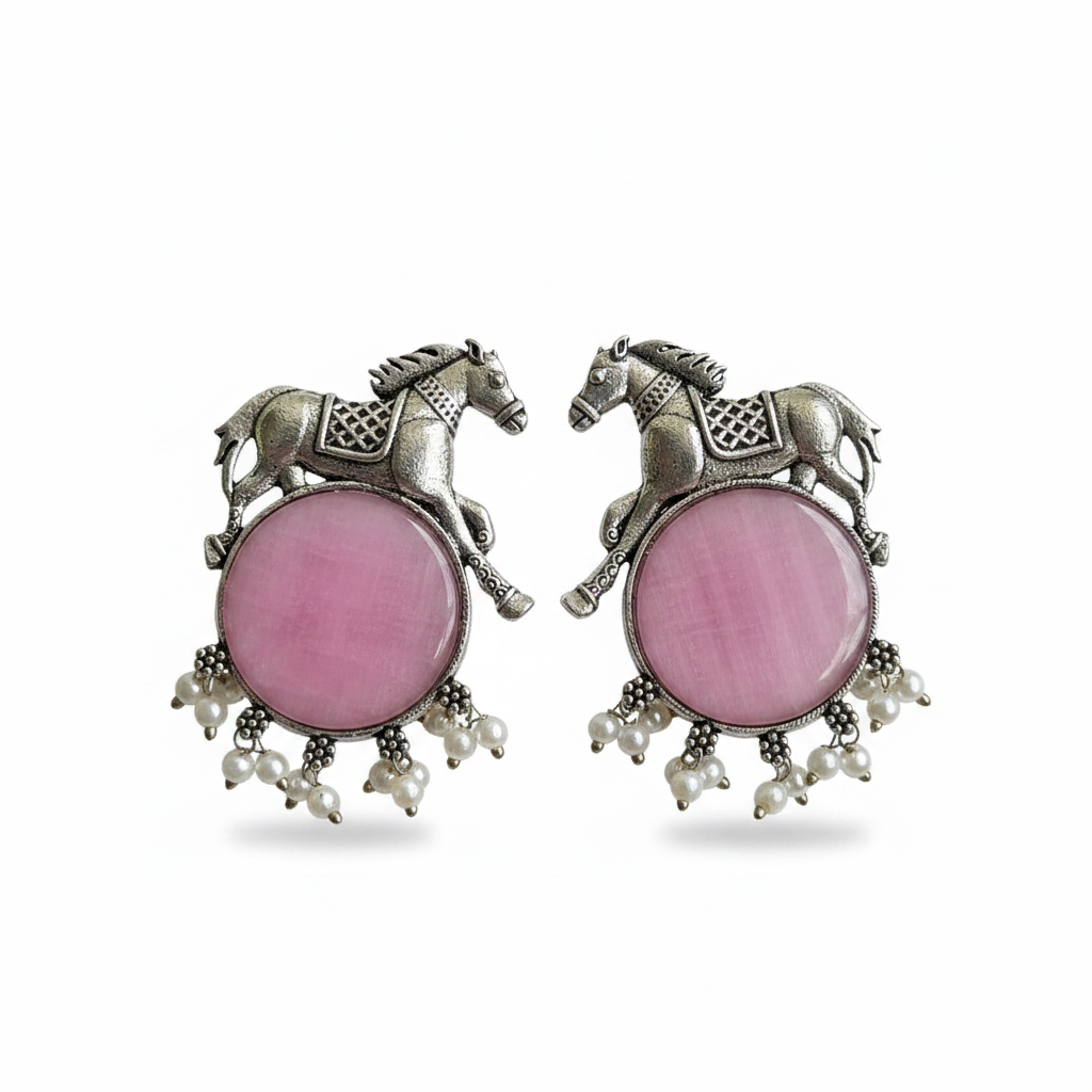 Naari Jewels Oxidized Germen Silver Horse Design with Pink Monalisa Stone | Ethnic Earring jewelry for Women