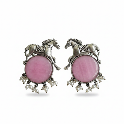 Naari Jewels Oxidized Germen Silver Horse Design with Pink Monalisa Stone | Ethnic Earring jewelry for Women