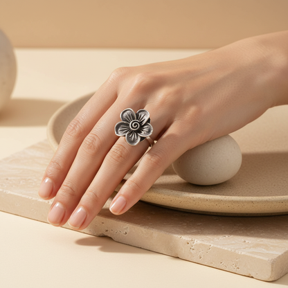 Naari Jewels Oxidized German Silver Rustic Flower Brass Rings | Ethnic Statement Jewelry for Women