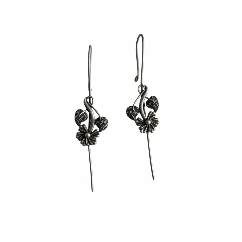 Naari Jewels Oxidized Antique Lotus Flower Ear Traverse Floral Ear Pin Cuff Earring | Needle German Silver Pin for Women & Girls