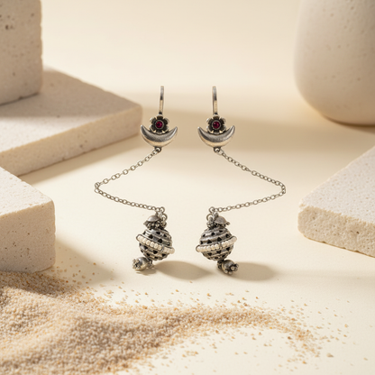 Naari Jewels Oxidised Floral Half Moon Design Ear Cuff With Chain Earring for Women| Ethnic German Silver Brass Jewellery