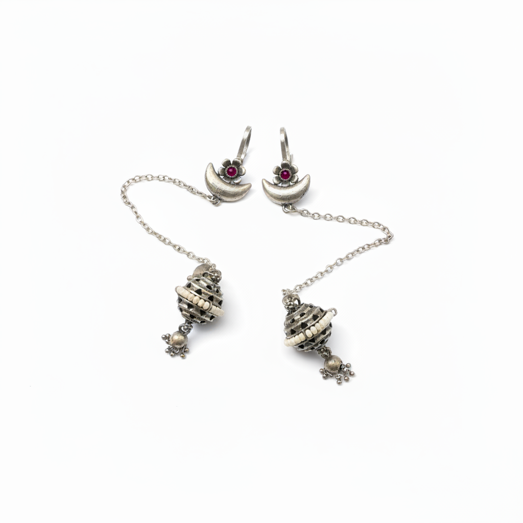 Naari Jewels Oxidised Floral Half Moon Design Ear Cuff With Chain Earring for Women| Ethnic German Silver Brass Jewellery