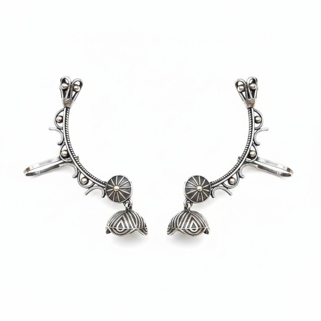 Naari Jewels Aarohi Floral Jhumka Ear Cuff – Oxidised German Silver Brass Earrings for Women