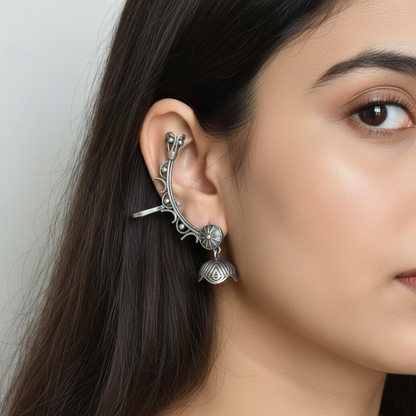 Naari Jewels Aarohi Floral Jhumka Ear Cuff – Oxidised German Silver Brass Earrings for Women