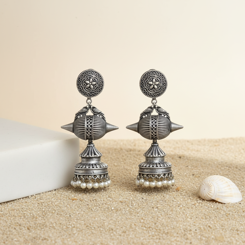 Naari Jewels Aavika Geometric Dome Statement Jhumka Earrings For Women | German Silver Long Drop Jewelry