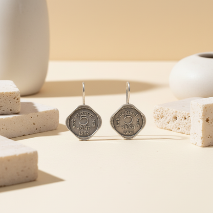 Naari Jewels Panchika 5 Paise 1962 Vintage Coin Inspired Dangle Earrings | German Silver Unque Trendy Jewelry For Women
