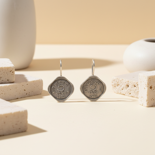 Naari Jewels Panchika 5 Paise 1962 Vintage Coin Inspired Dangle Earrings | German Silver Unque Trendy Jewelry For Women