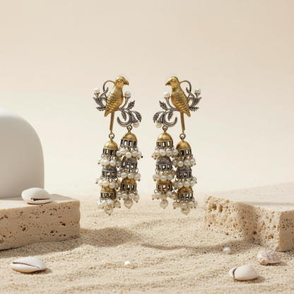 Naari Jewels Aarika Bird Cascade Earrings | German Silver Jhumka Style Drop Jewelry For Women