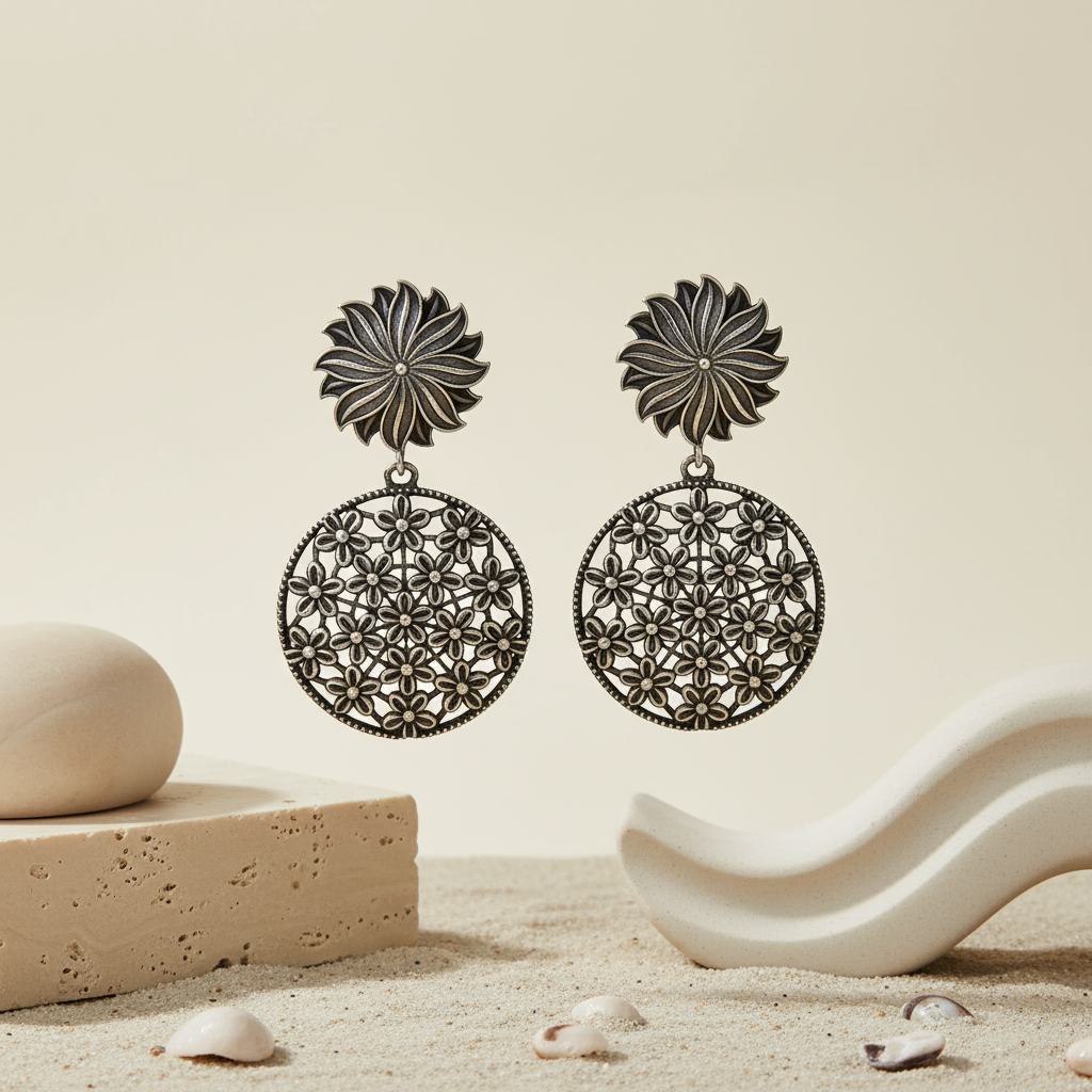 Naari Jewels Gulnaar Floral Filigree Long Drop Earrings | German Silver Statement Wedding Collection Jewelry For Women