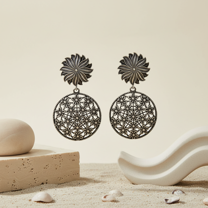 Naari Jewels Gulnaar Floral Filigree Long Drop Earrings | German Silver Statement Wedding Collection Jewelry For Women