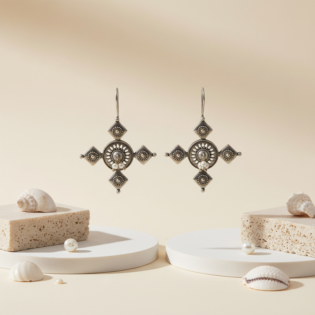 Naari Jewels Veyra Mandala Geometric Drop Dangle Earrings For Women | Classic German Silver Trendy Jewelry