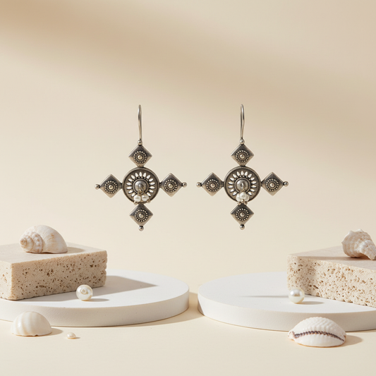 Naari Jewels Veyra Mandala Geometric Drop Dangle Earrings For Women | Classic German Silver Trendy Jewelry