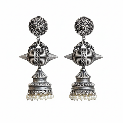 Naari Jewels Aavika Geometric Dome Statement Jhumka Earrings For Women | German Silver Long Drop Jewelry