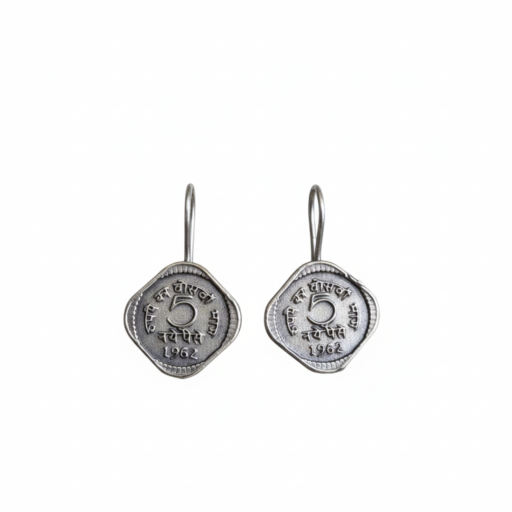 Naari Jewels Panchika 5 Paise 1962 Vintage Coin Inspired Dangle Earrings | German Silver Unque Trendy Jewelry For Women