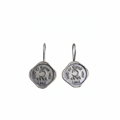 Naari Jewels Panchika 5 Paise 1962 Vintage Coin Inspired Dangle Earrings | German Silver Unque Trendy Jewelry For Women