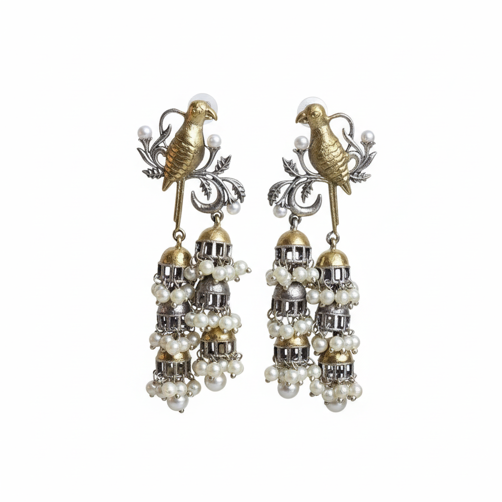 Naari Jewels Aarika Bird Cascade Earrings | German Silver Jhumka Style Drop Jewelry For Women