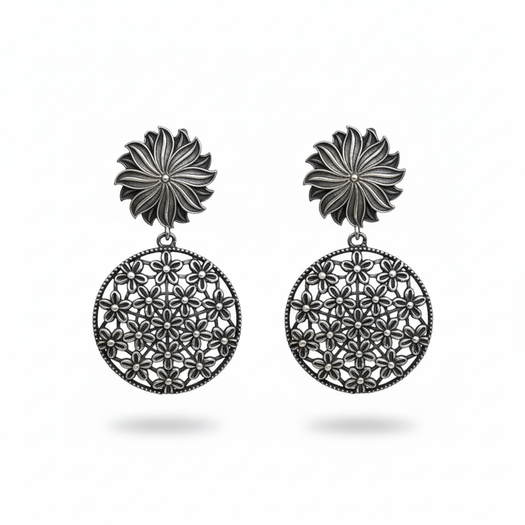 Naari Jewels Gulnaar Floral Filigree Long Drop Earrings | German Silver Statement Wedding Collection Jewelry For Women