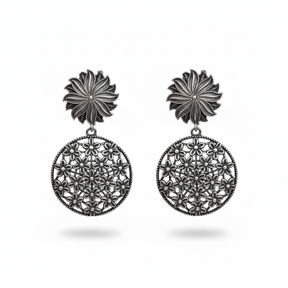 Naari Jewels Gulnaar Floral Filigree Long Drop Earrings | German Silver Statement Wedding Collection Jewelry For Women