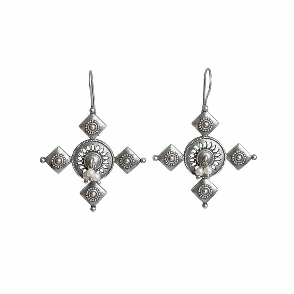 Naari Jewels Veyra Mandala Geometric Drop Dangle Earrings For Women | Classic German Silver Trendy Jewelry