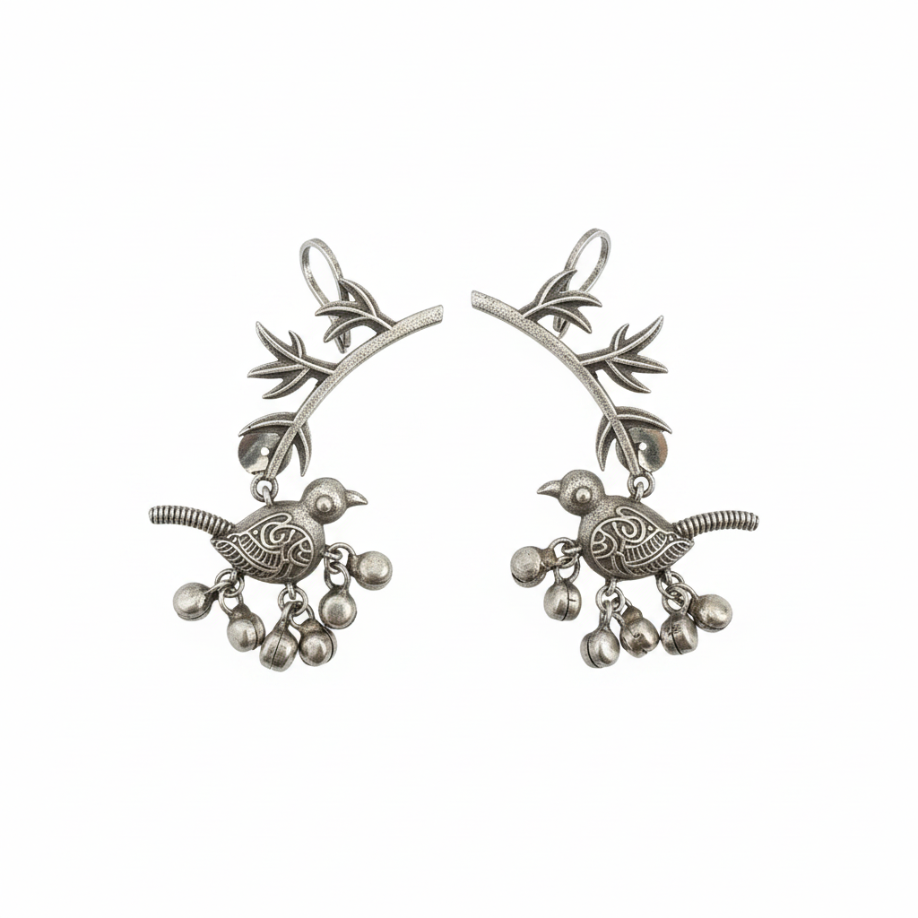 Naari Jewels Pankhuri Bird & Bell Drop Ear Cuff Earrings | German Silver Statement Jewerlry For Women