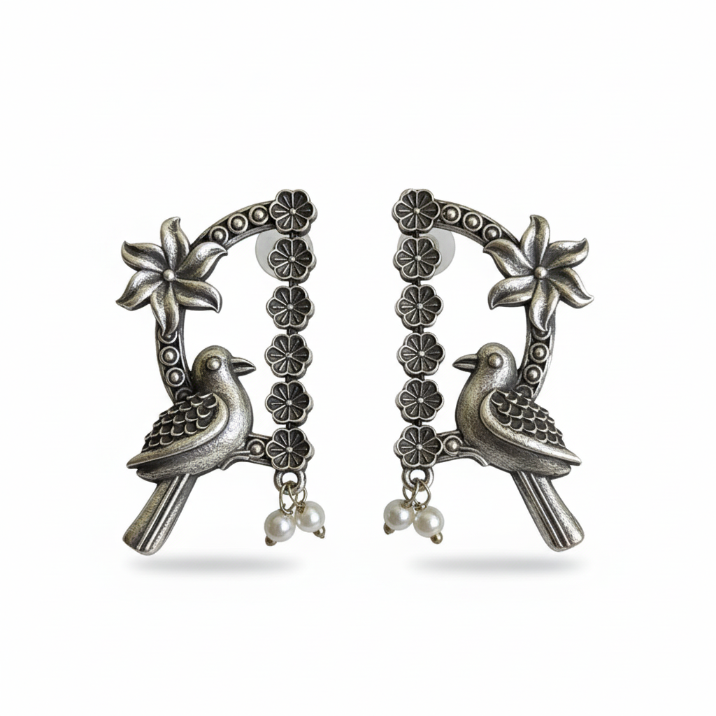 Naari Jewels Oxidized German Silver Nisarga Bird Arch Brass Earrings | ethnic Statement Jewellery