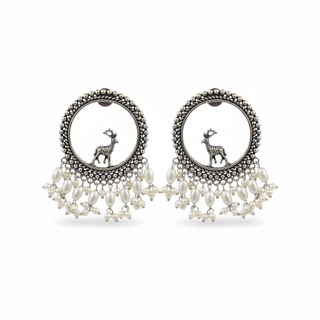 Naari Jewels Oxidized German Silver Deer Mriga Circle Beads Drops Brass Earrings | Ethnic Boho Statement Jewellery for Women