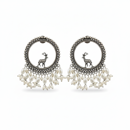 Naari Jewels Oxidized German Silver Deer Mriga Circle Beads Drops Brass Earrings | Ethnic Boho Statement Jewellery for Women
